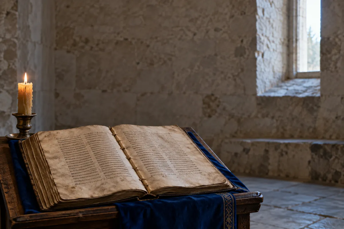 An open parchment codex on a reading stand beside a candle in a stone room